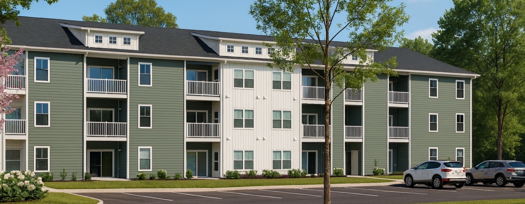 a large building with cars parked in front of it