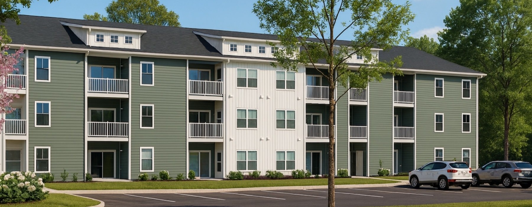 a large building with cars parked in front of it