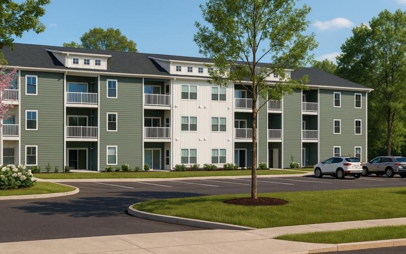 a large building with cars parked in front of it